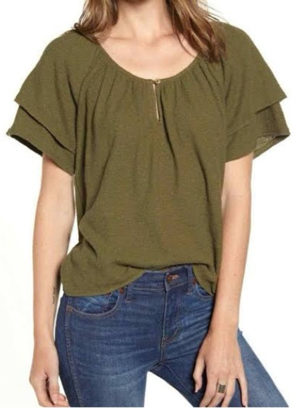 Madewell Olive Green Layered Flutter Sleeve Scoop Top S